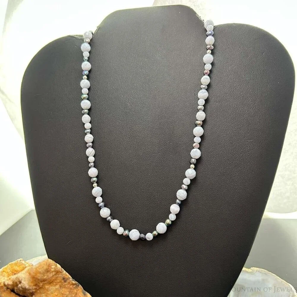 Carolyn Pollack Sterling Blue Lace Agate &Eggplant Pearl Bead Necklace For Women